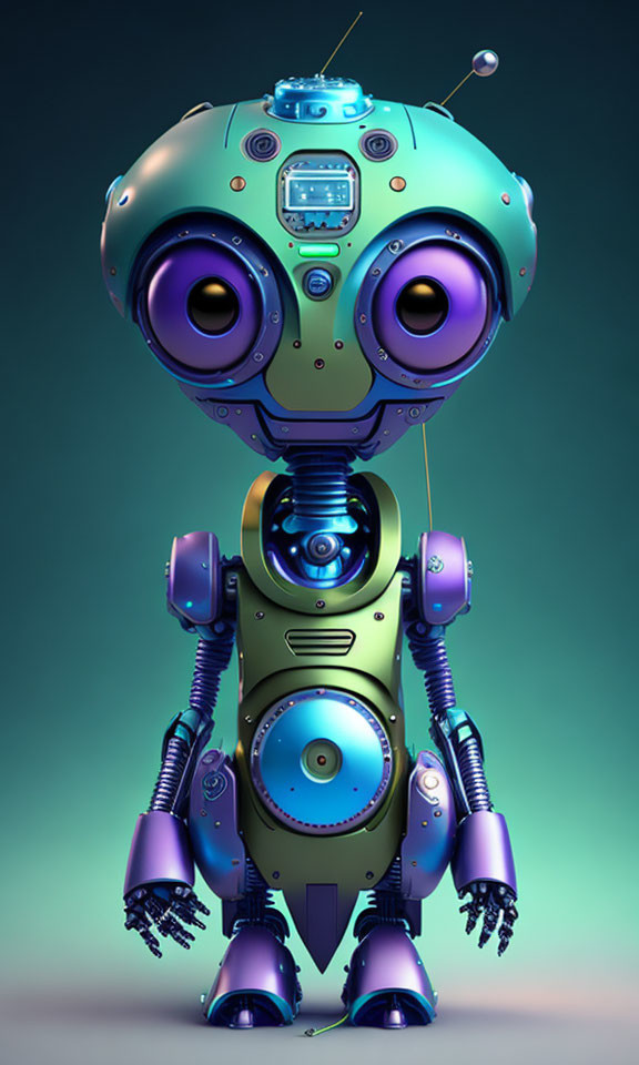 Colorful Cartoon-Style Robot with Large Eyes and Dials on Gradient Background