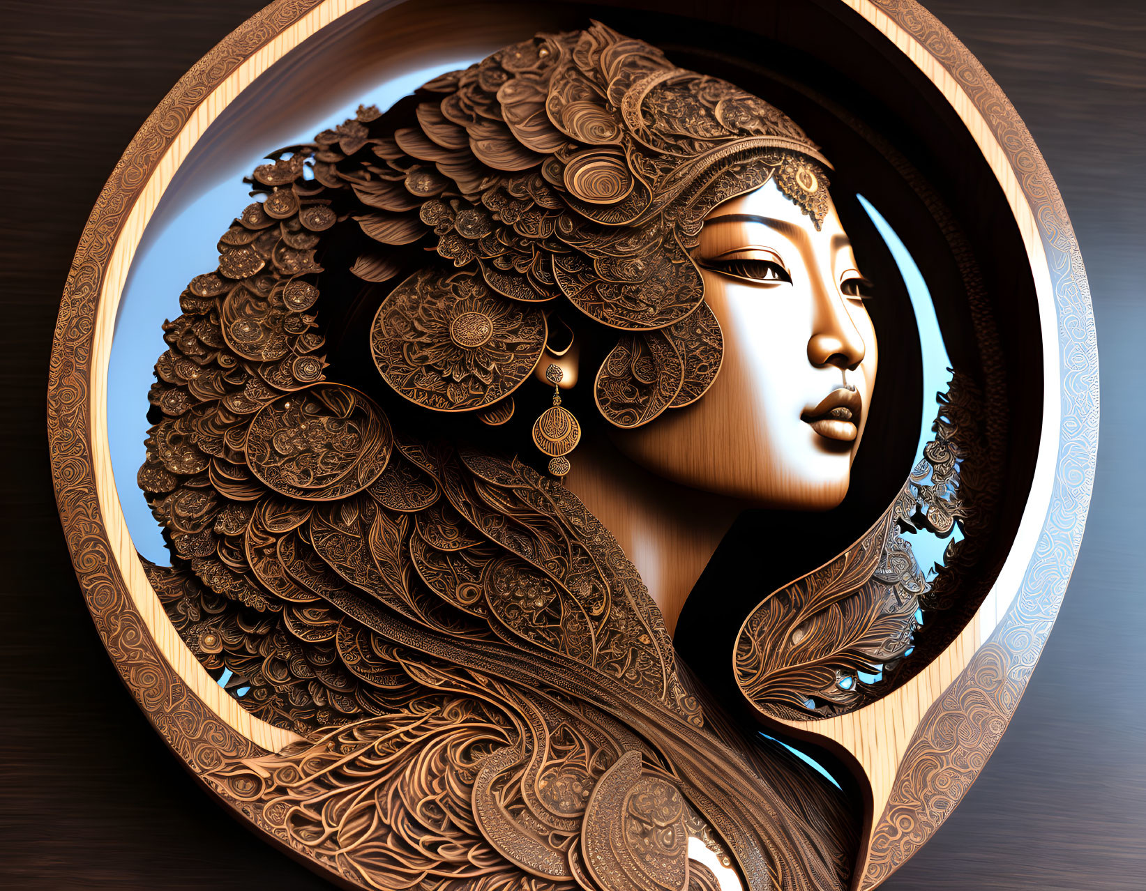 Intricate golden hair woman profile in circular wooden frame