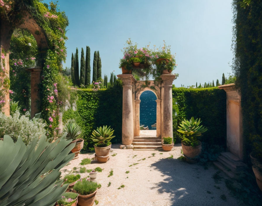 Tranquil garden pathway with ornate arch, blue door, lush greenery, and blooming