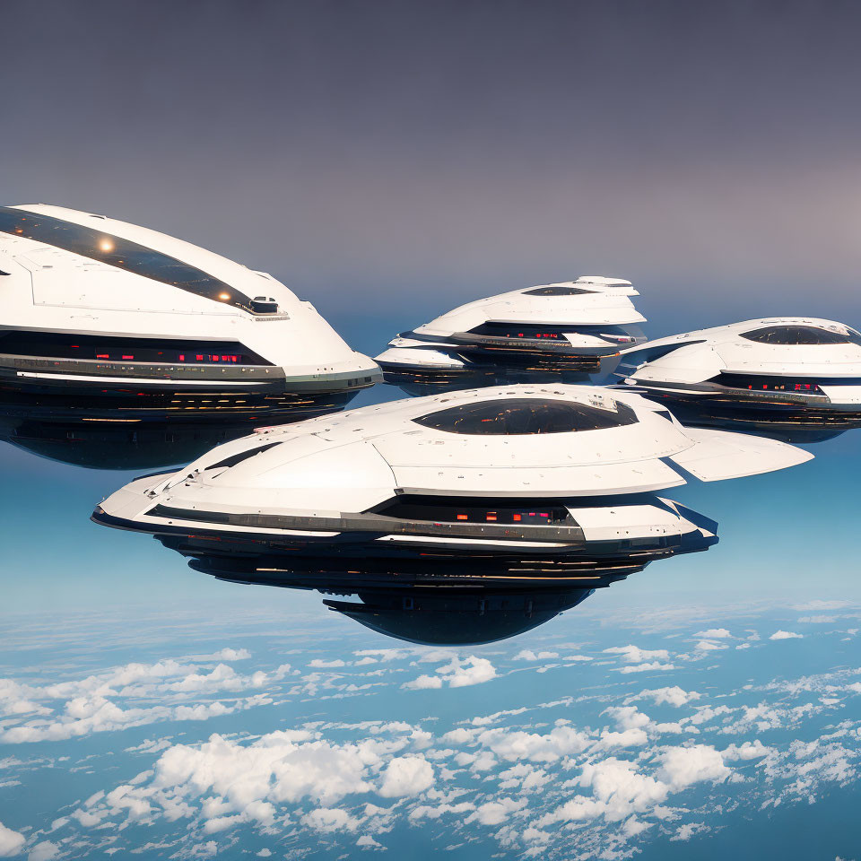 Futuristic white spaceships in blue sky with black and red accents