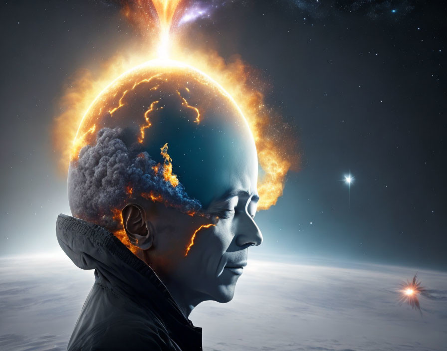 Surreal celestial scene on person's head with fiery ring