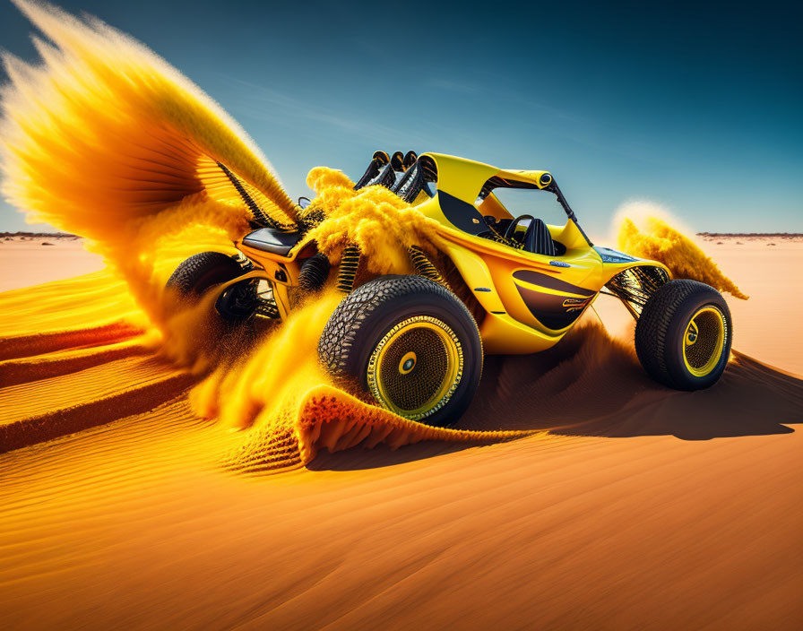 Yellow dune buggy racing through desert sand dunes