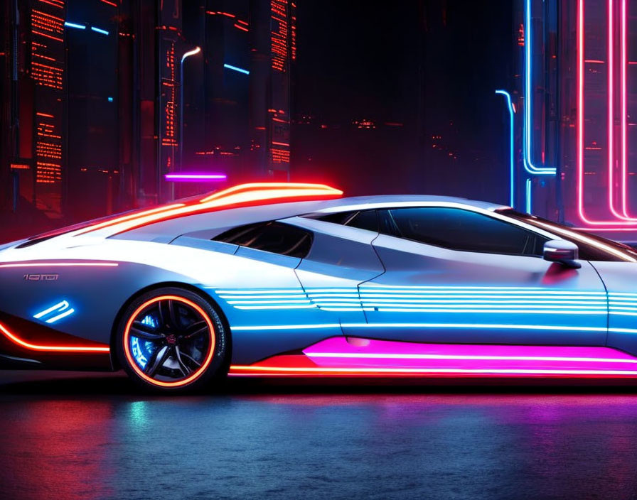 Futuristic white sports car in vibrant neon-lit city