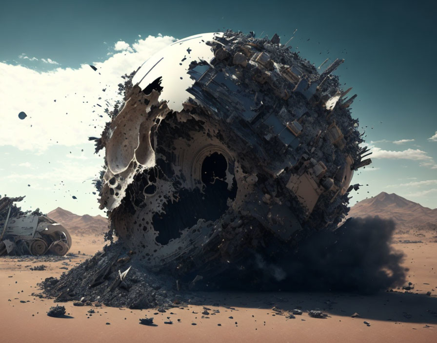 Deteriorating futuristic space helmet in desert sands