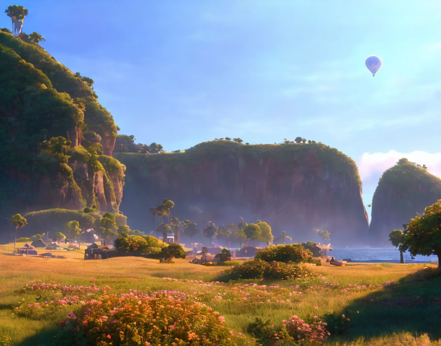 Coastal village landscape with hot air balloon at sunrise