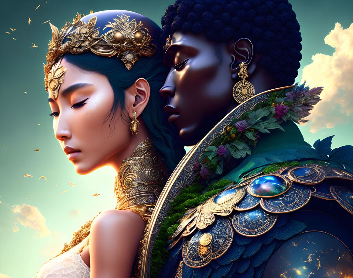 Regal figures in gold and turquoise jewelry against sunset backdrop