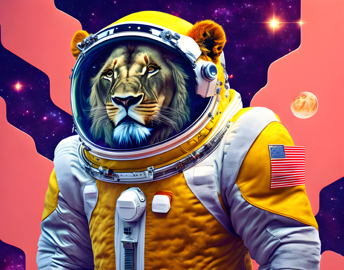 Lion's head in astronaut suit on space background with planets