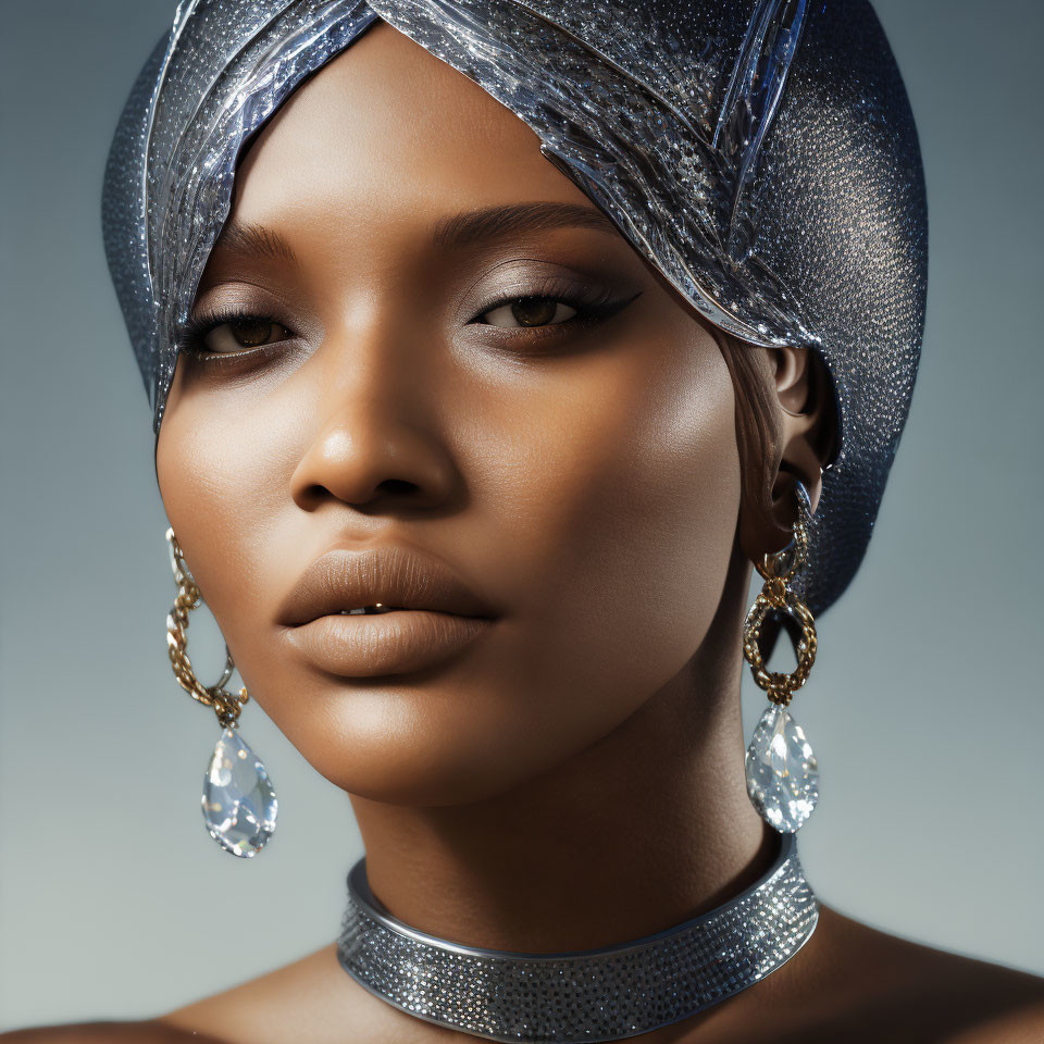 Serene woman with metallic headwrap and jewelry on grey background