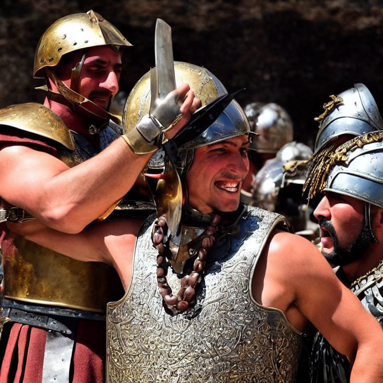 Three ancient warriors in helmets and armor, one playfully holding a sword to another's throat