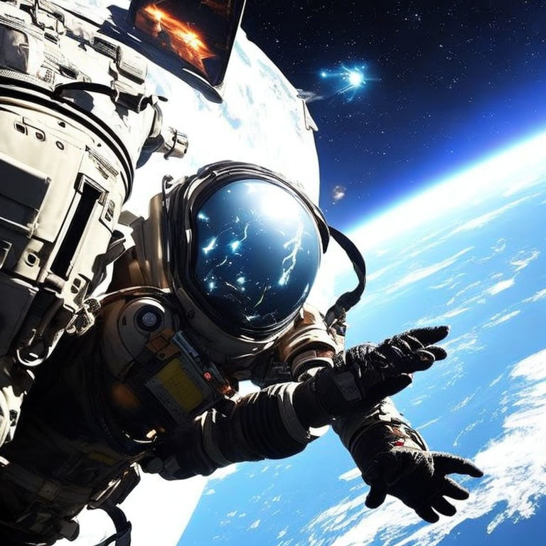 Astronaut in space suit orbits Earth with sun in background