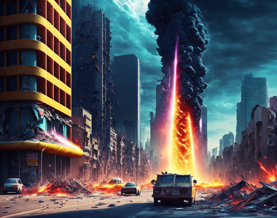 Dystopian cityscape with fiery buildings and energy beam