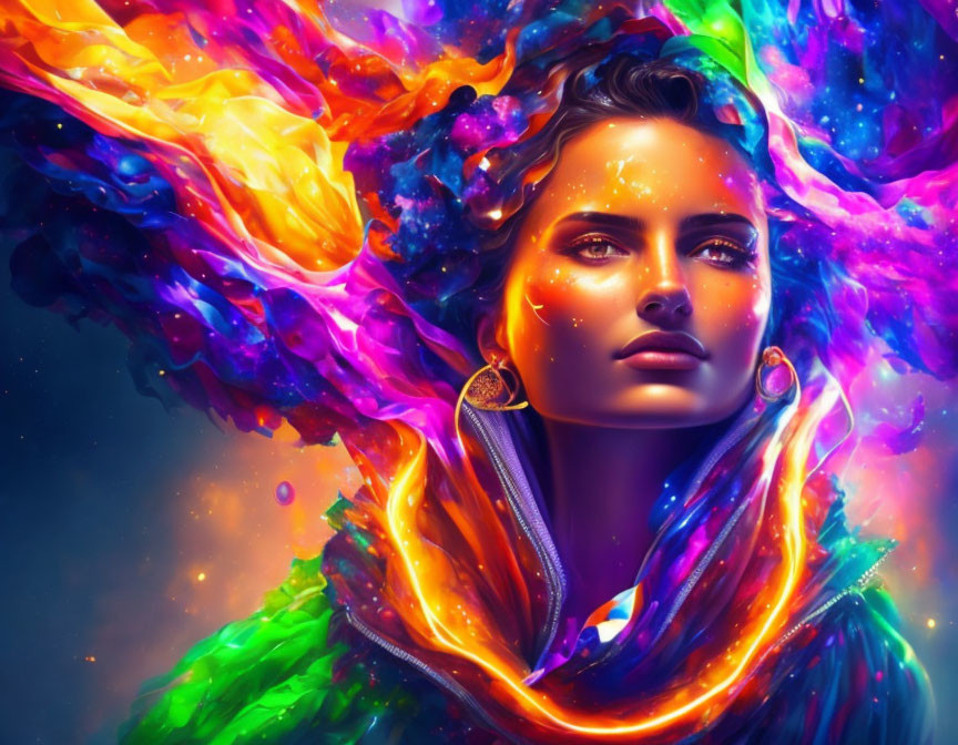 Colorful cosmic nebula digital portrait of a woman