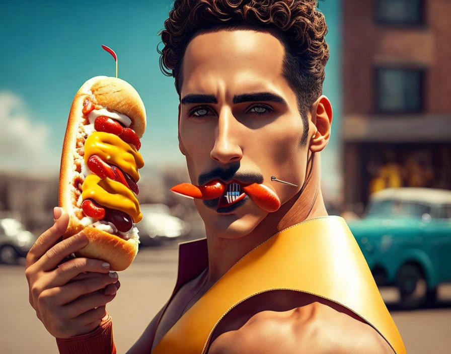 Digital illustration of man with oversized hot dog and condiments