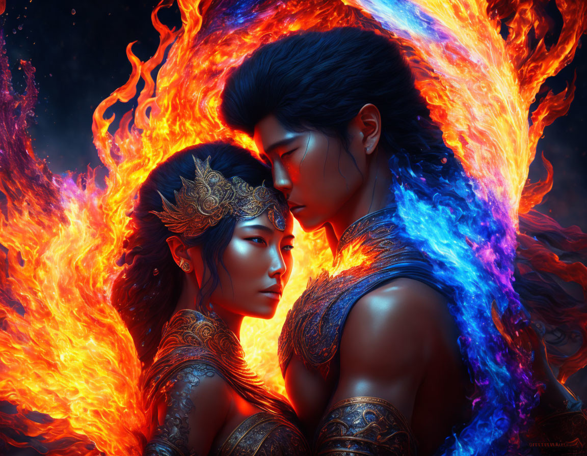 Digital artwork of two characters with ornate crowns, bodies entwined, amid fiery blue and