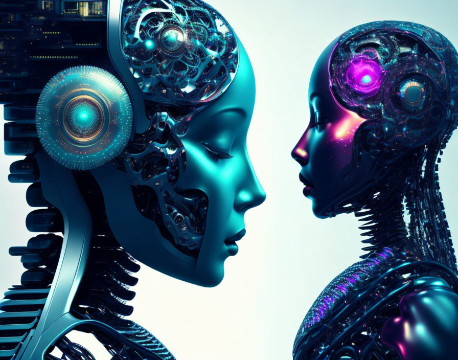 Futuristic robotic faces with intricate mechanical details in blue and purple.