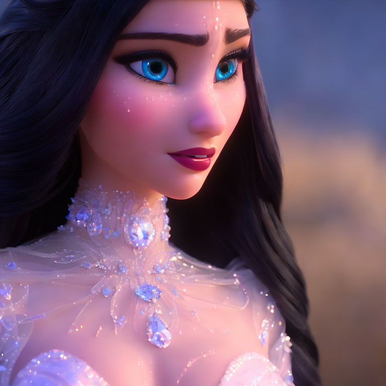 Detailed 3D animated female character with dark hair and blue eyes in sparkling white dress.