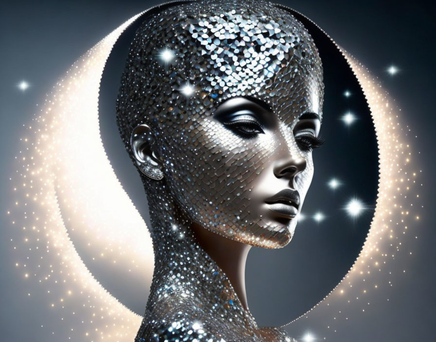 Sparkling mosaic texture on humanoid figure with luminous halo background