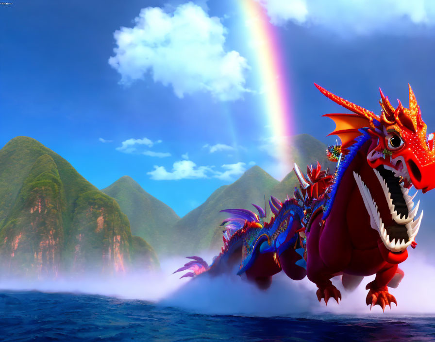 Colorful Dragon Emerges from Ocean Mist with Rainbow and Green Hills