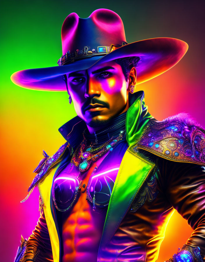 Colorful portrait of man in cowboy hat, sunglasses, ornate jacket on vibrant background