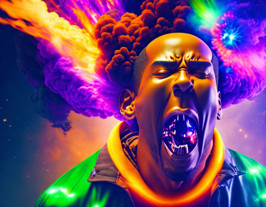 Colorful digital artwork: person screaming with cosmic explosion.