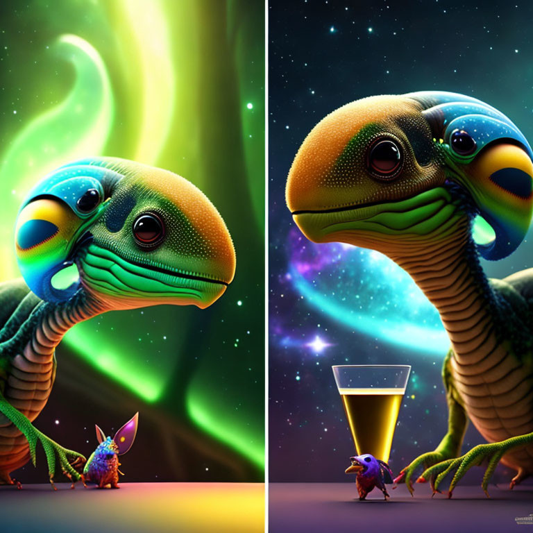 Colorful Anthropomorphic Dinosaur Art in Cosmic Setting