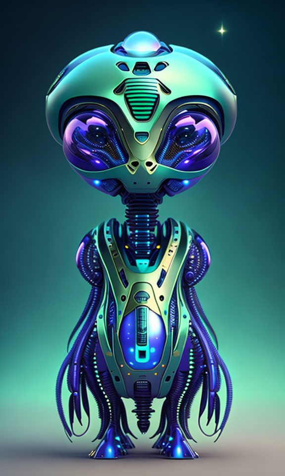 Colorful stylized robot with blue and teal lights and expressive eyes