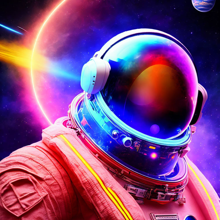 Astronaut in reflective helmet visor against cosmic backdrop