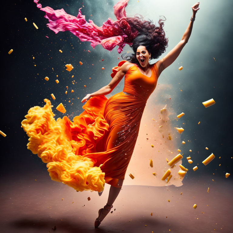 Woman in flowing orange dress mid-jump with hair and dress transforming into vibrant flames.