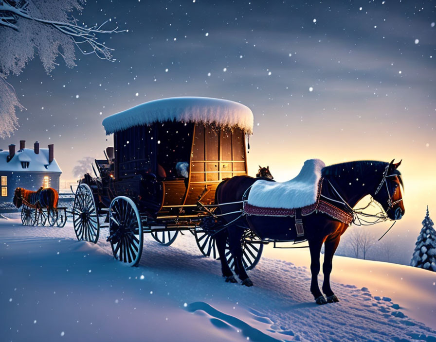 Snowy nighttime scene: horse-drawn carriage, cozy cottage, snow-covered trees.