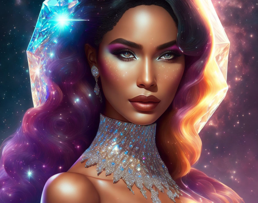 Digital artwork: Woman with radiant skin and purple hair in luminous halo against starry backdrop