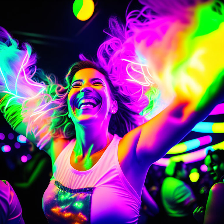 Vibrant party scene: Woman dancing in neon-lit ambiance