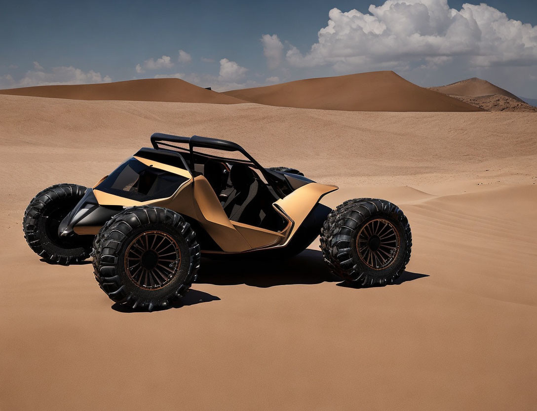 Futuristic all-terrain vehicle on desert sand dunes