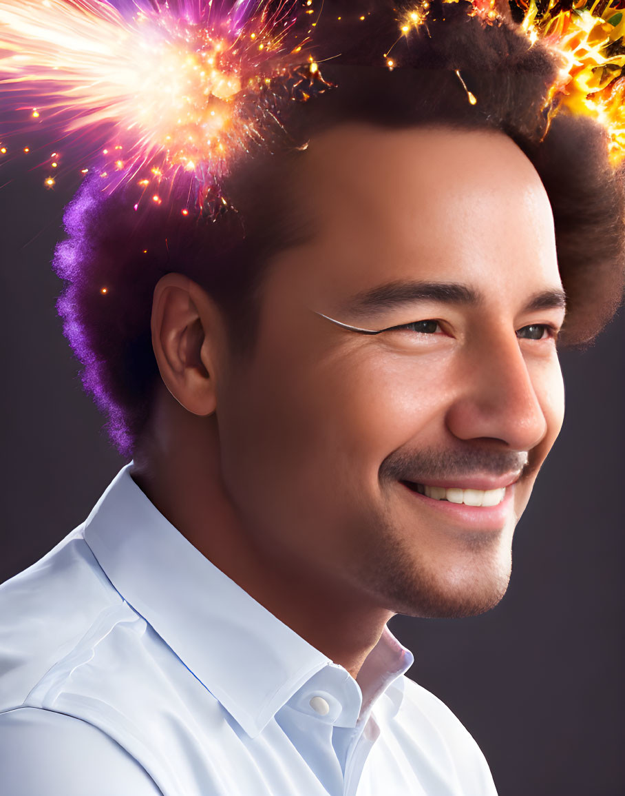 Man with joyful expression and fireworks in curly hair on dark background