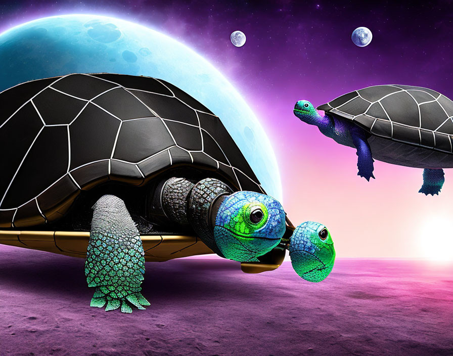 Colorful Stylized Turtles on Purple Alien Landscape