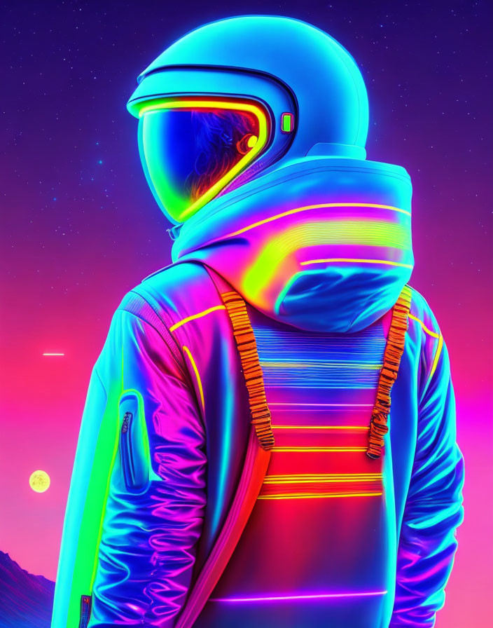 Futuristic digital art: person in neon jacket under cosmic sky