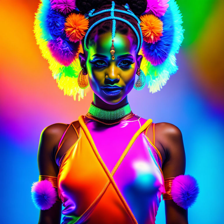 Colorful woman with vibrant styling and striking makeup on a colorful background