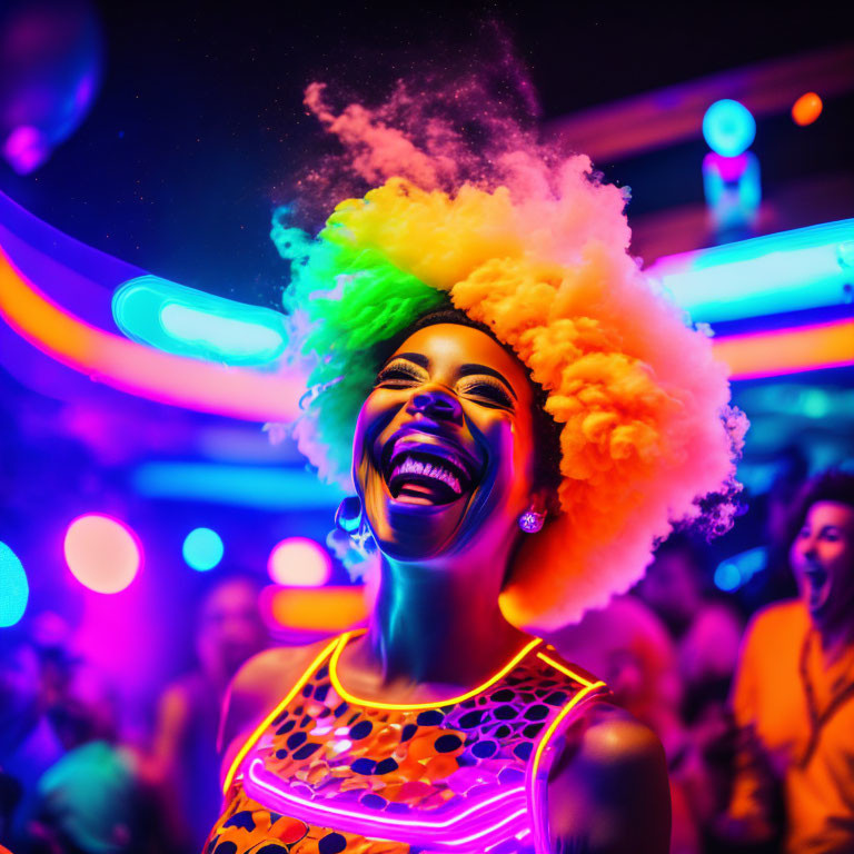 Colorful Afro Person Laughing at Neon Party