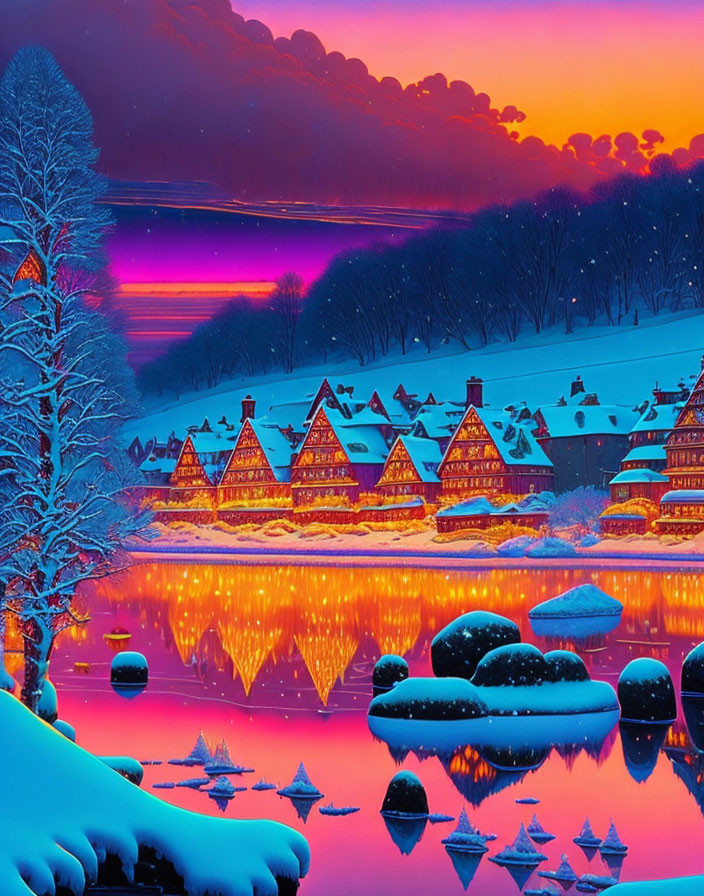 Snowy Dusk Scene: Winter Landscape with River, Trees, and Colorful Sky