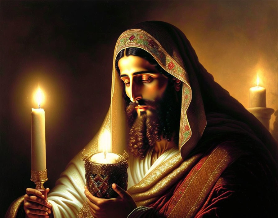 Bearded figure holding a lit candle in a serene setting