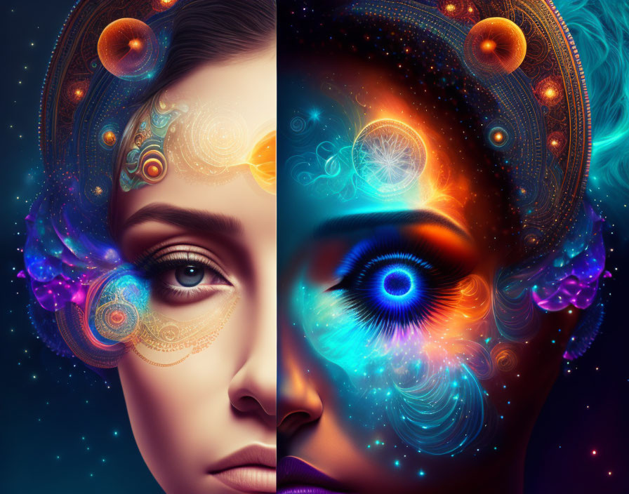 Digital artwork: Woman's face with cosmic & ornate elements