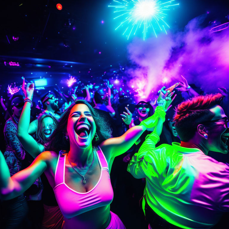 Colorful club scene with dancing people, neon lights, smoke machine, and fireworks.