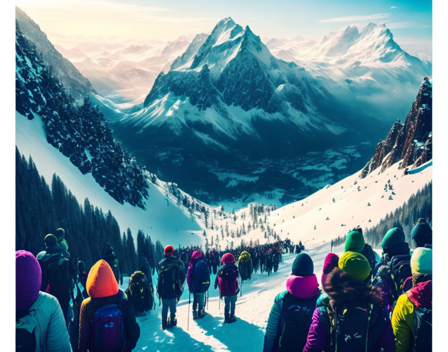 Colorful backpacked hikers ascend snowy mountain trail