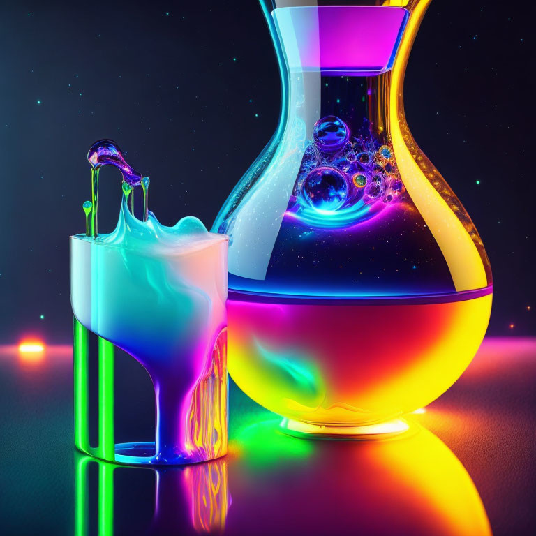 Colorful Scientific Setup: Glowing Liquid in Flask & Overflowing Beaker