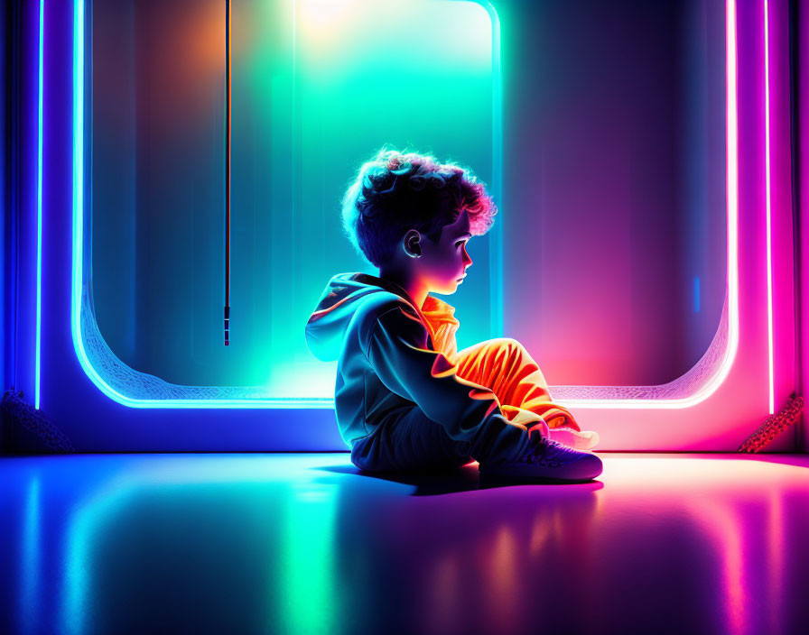 Child surrounded by vibrant neon lights in blue, pink, and purple glow