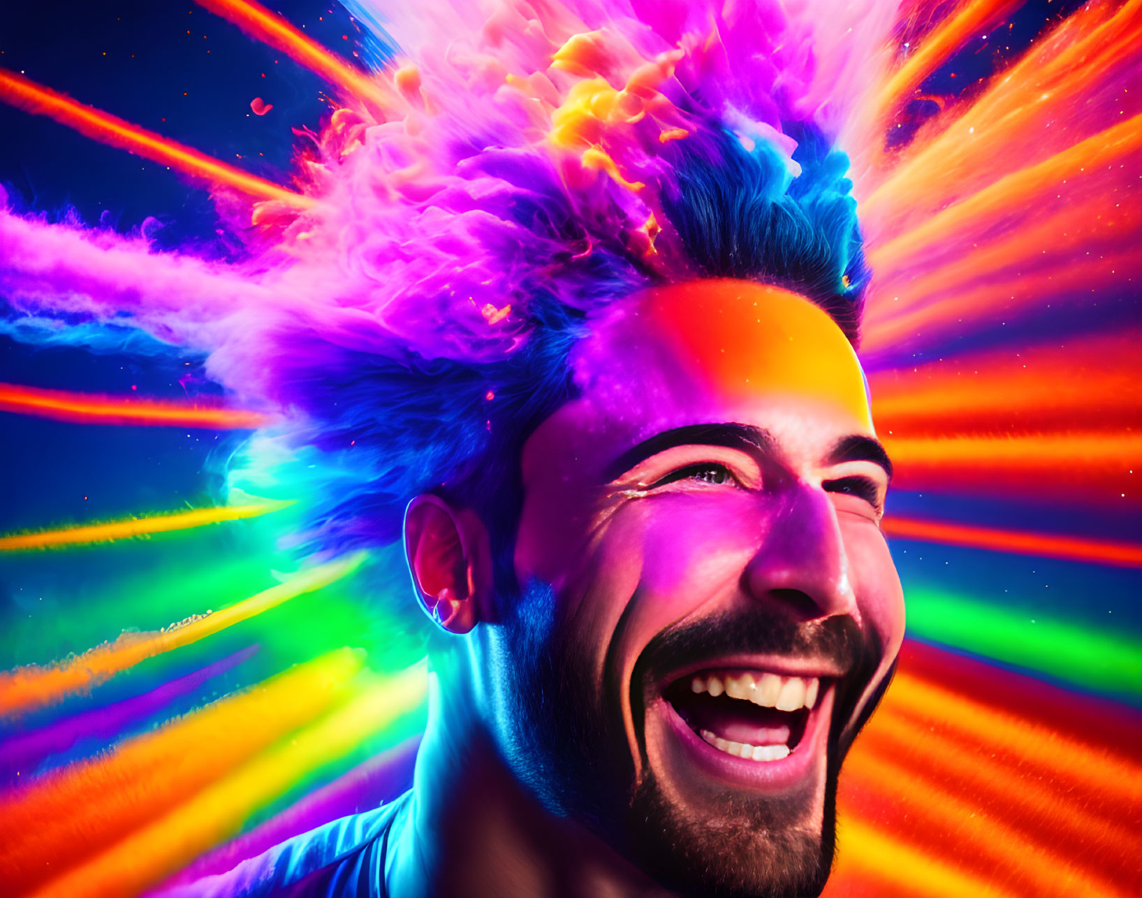 Colorful laughing man with paint explosion and light rays.