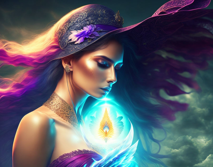 Mystical woman with glowing skin and colorful hair holding a radiant feather