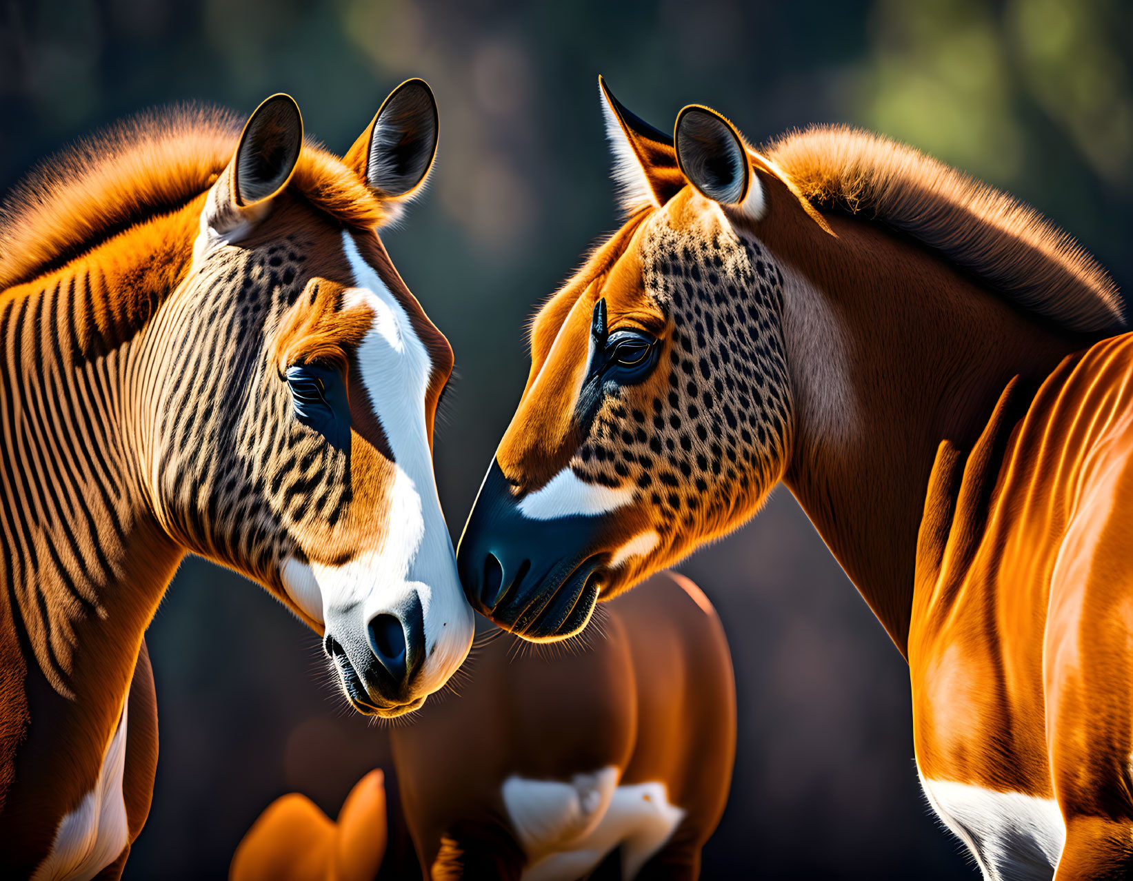 Two zebras in close proximity against a blurred natural backdrop