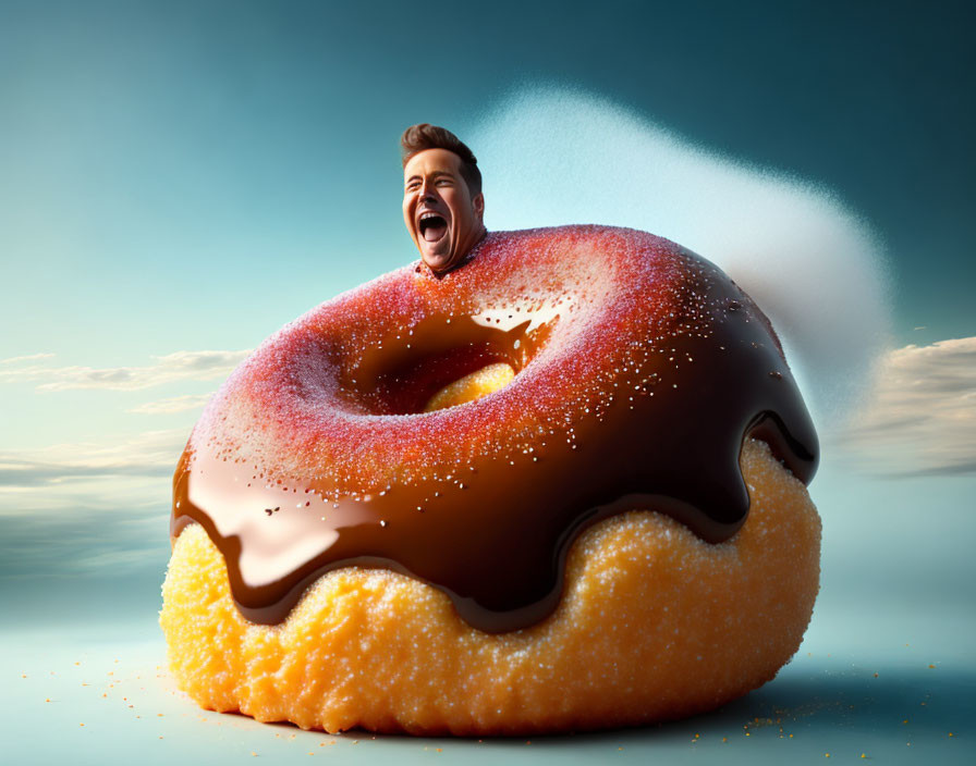 Person with joyful expression emerging from giant doughnut with chocolate icing