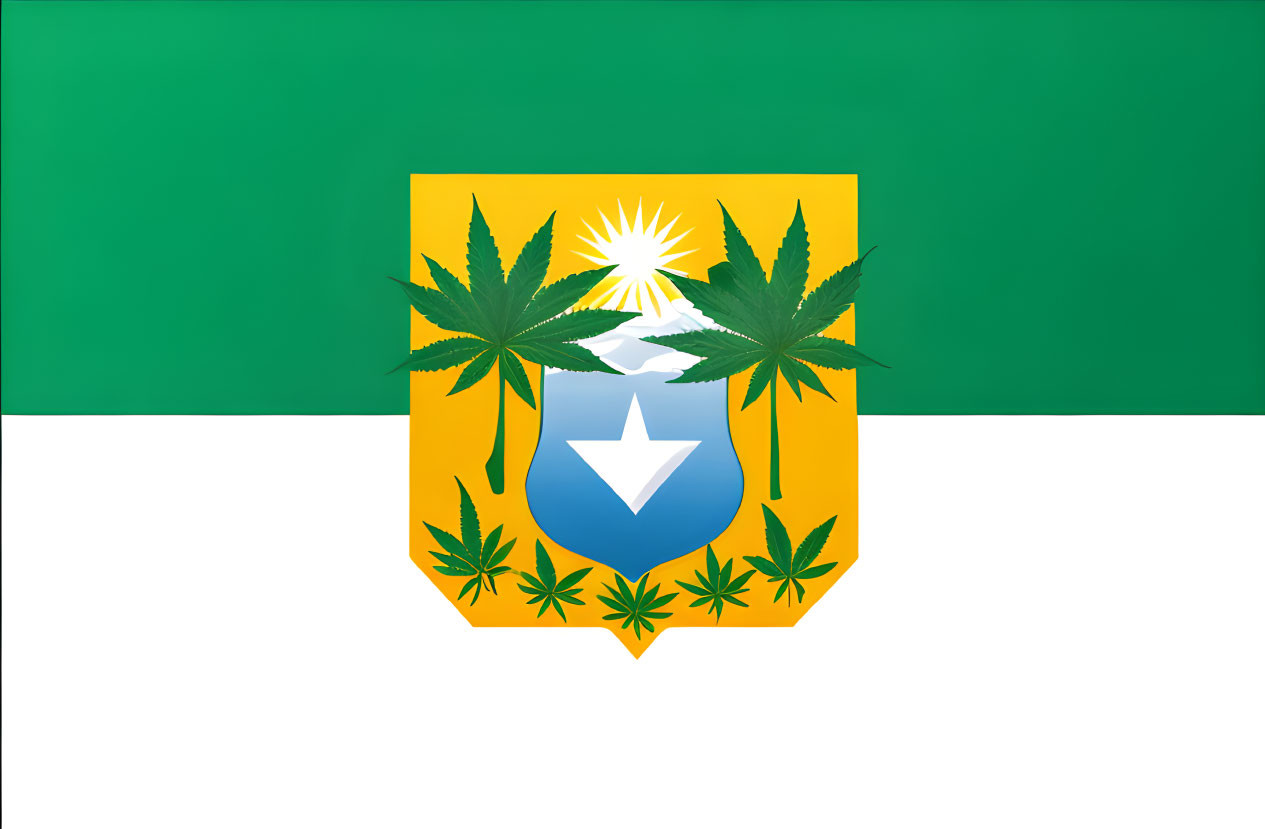 Stylized coat of arms with cannabis leaves, sunburst, arrow on shield, on green &