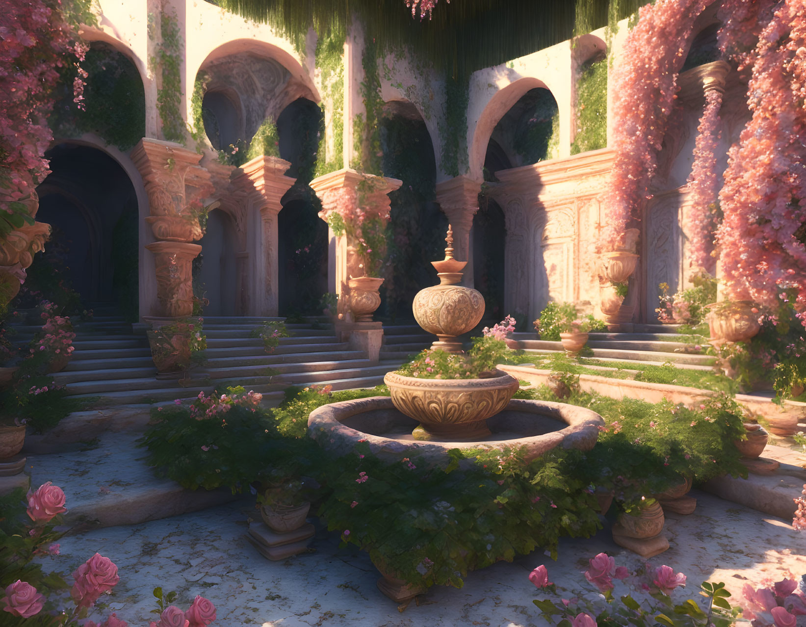 Ornate fountain in sunny courtyard with pink blossoms